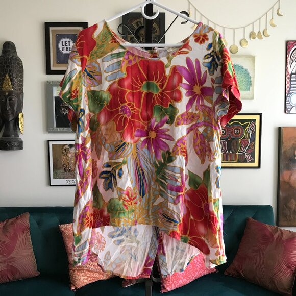 CYNTHIA ROWLEY size 2x Colorful Tropical Floral Print Hi-Lo Button Back Top - Picture 1 of 4